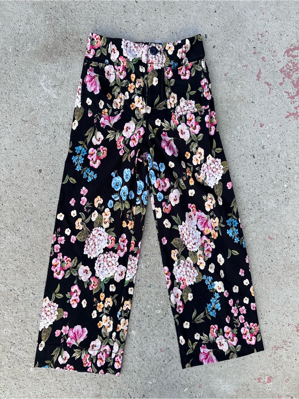 Maeve Anthropologie The Colette Floral Wide Leg Cropped Pants Black Sz 25